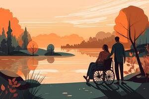 multirazziale coppia nel sedia a rotelle guardare tramonto all'aperto generativo ai foto