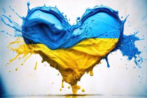 blu e giallo bandiera di Ucraina nel forma di cuore su bianca sfondo, acquerello o acrilico disegno. generativo ai foto