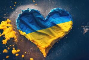 blu - giallo bandiera di Ucraina nel forma di cuore su buio sfondo, acquerello o acrilico disegno. generativo ai foto