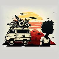 ai generato. generativo ai. astratto grafico psicopatico graffiti con il camper rv furgone ragazzo e fiori. ispirato di vecchio Vintage ▾ arte e Banksy stile. grafico arte illustrazione. foto