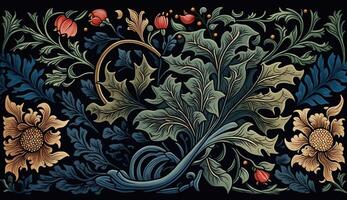 ai generato. generativo ai. floreale modello wallpaper. fiori e foglie. può essere Usato prua, testa decorazione. ispirato di il stile di William morris. colore illustrazione. foto