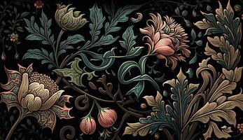 ai generato. generativo ai. floreale modello wallpaper. fiori e foglie. può essere Usato prua, testa decorazione. ispirato di il stile di William morris. colore illustrazione. foto