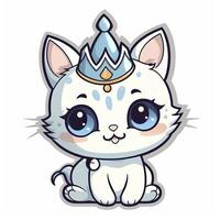 etichetta, contento blu con gli occhi colorato gattino indossare corona, kawaii, contorno, bianca sfondo, generat ai foto