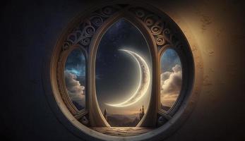 mistico finestra con mezzaluna Luna nel notte cielo, islamico saluto eid mubarak per musulmano vacanze. Eid-ul-Adha Festival celebrazione. Arabo Ramadan kareem, creare ai foto