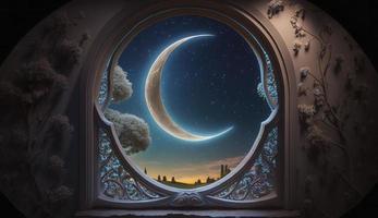 mistico finestra con mezzaluna Luna nel notte cielo, islamico saluto eid mubarak per musulmano vacanze. Eid-ul-Adha Festival celebrazione. Arabo Ramadan kareem, creare ai foto