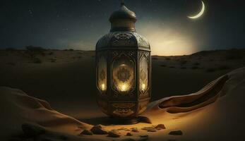 arabia sahara lanterna e Luna impostare per saluto Ramadan o eid mubarak carte, creare ai foto