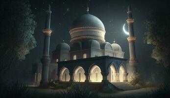 lanterne sta nel il deserto a notte cielo, lanterna islamico moschea, mezzaluna Luna Ramadan kareem a tema illustrazione sfondo, creare ai foto