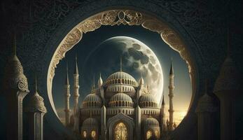 3d illustrazione di sorprendente architettura design di musulmano moschea Ramadan concetto, illustrazione di sorprendente architettura design di musulmano moschea Ramadan concetto, creare ai foto