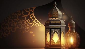 ornamentale Arabo lanterna con ardente candela raggiante . festivo saluto carta, invito per musulmano santo mese Ramadan kareem. Ramadan kareem saluto foto, creare ai foto