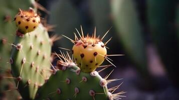 ai generato rosso giallo cactus frutta vicino su spinoso Pera, opuntia. naturale pianta sfondo, copia spazio, botanico e esotico cibo generativo ai foto
