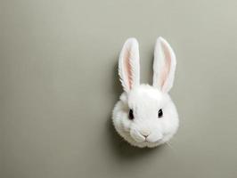 un' bianca coniglio testa si blocca su un' grigio parete. foto