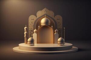 3d lussuoso e elegante a tema islamico podio per Prodotto Schermo, Ramadan podio. ai generato foto