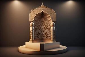 3d lussuoso e elegante a tema islamico podio per Prodotto Schermo, Ramadan podio. ai generato foto