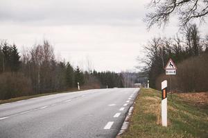 lato Visualizza di un' asfalto strada con Linee senza un' marciapiede e strada segni su verde erba foto