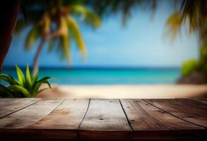 tavolo nel davanti di sfocato tropicale spiaggia di estate tempo sfondo. ai generato foto