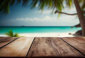 tavolo nel davanti di sfocato tropicale spiaggia di estate tempo sfondo. ai generato foto