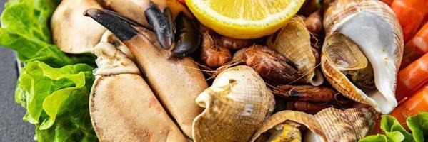 frutti di mare piatto assortito gamberetti, Granchio artigli, vongole, rapano, trombettista mollusco pasto cibo merenda su il tavolo copia spazio cibo sfondo rustico superiore Visualizza foto