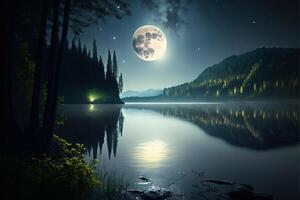 Luna leggero a lago splendente Luna a notte boschi stelle splendente di ai generato foto