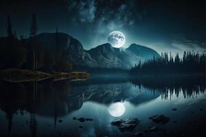 Luna leggero a lago splendente Luna a notte boschi stelle splendente di ai generato foto