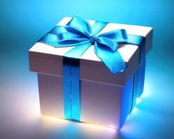realistico regalo scatola con magico splendente leggero di ai generato foto