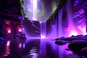 massiccio terme nel un' bagnato grotta cascata viola illuminazione di ai generato foto