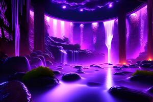 massiccio terme nel un' bagnato grotta cascata viola illuminazione di ai generato foto