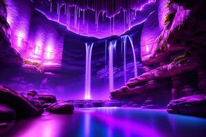 massiccio terme nel un' bagnato grotta cascata viola illuminazione di ai generato foto