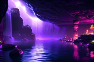 massiccio terme nel un' bagnato grotta cascata viola illuminazione di ai generato foto