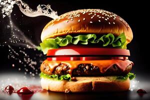 Hamburger con spruzzi ketchup isolato sfondo di ai generato foto