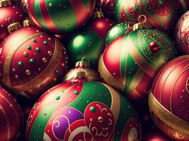Natale palle con complesso ornamenti avvicinamento di ai generato foto