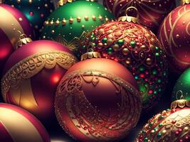 Natale palle con complesso ornamenti avvicinamento di ai generato foto