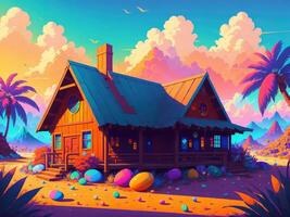 colorato Casa con colorato Pasqua uova sfondo di ai generato foto