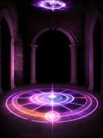un' splendente Magia cerchio è disegnato su il pavimento di ai generato foto