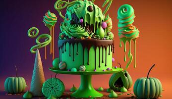 Halloween terra di dolciumi fantasia novità gocciolare torta e festa tavolo contro croma chiave verde sfondo, generativo ai foto