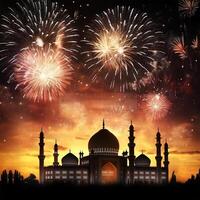 celebrazione sfondo con un' moschea e fuochi d'artificio nel il notte cielo. eid celebrazione concetto ai generato opera d'arte foto