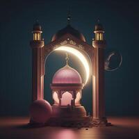 Ramadan kareem saluto carta. Arabo lanterne, Luna e moschea a notte. ai generato opera d'arte foto