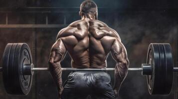 bello forte atletico uomini pompaggio su muscoli allenarsi bodybuilding concetto sfondo - muscolare bodybuilder bello uomini fare esercizi nel Palestra nudo ,ai generato opera d'arte foto