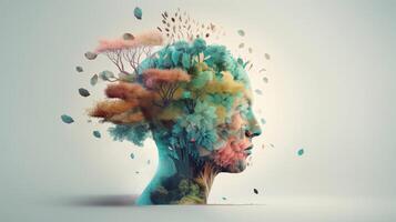 concettuale Immagine di un' umano testa con colorato cervello e autunno le foglie. mentale Salute concetto ai generato opera d'arte foto
