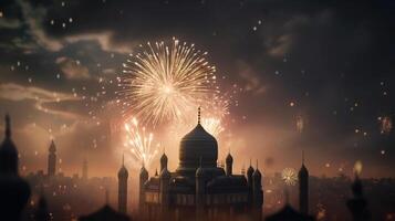 celebrazione sfondo con un' moschea e fuochi d'artificio nel il notte cielo. eid celebrazione concetto ai generato opera d'arte foto