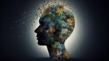 concettuale Immagine di un' umano testa con colorato cervello e autunno le foglie. mentale Salute concetto ai generato opera d'arte foto