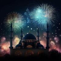 celebrazione sfondo con un' moschea e fuochi d'artificio nel il notte cielo. eid celebrazione concetto ai generato opera d'arte foto