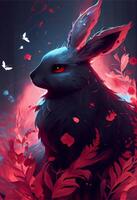 nero coniglio con rosso piume e petali. generativo ai. foto