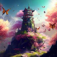 Cinese Torre su floreale montagna alberi luce del sole. generativo ai foto