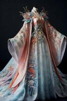 sbalorditivo Cinese hanfu seta nozze vestito ricamato. generativo ai. foto