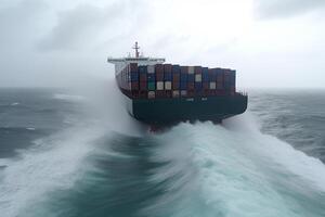 distrutto carico nave con contenitori nel tempestoso mare con grande onde. generativo ai foto