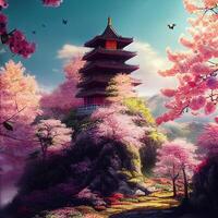 Cinese Torre su floreale montagna alberi luce del sole. generativo ai foto