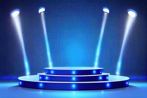 podio palcoscenico con palcoscenico luci podio palcoscenico con premio cerimonia su blu sfondo. ai generato foto
