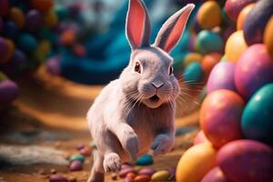 Pasqua coniglietto con colorato uova su il sfondo. Pasqua concetto ai generato foto
