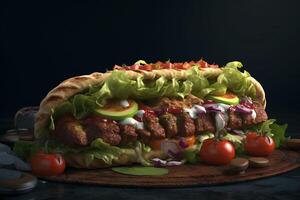 gustoso kebab con verdure su di legno tavola su buio sfondo ai generato foto