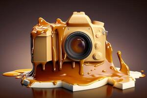 un' digitale telecamera con caramello sgocciolature è mostrato ai generato foto